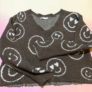 SO Cropped Brown Knit Women’s S Smiley Face Graphic Print Pullover Sweater Cozy